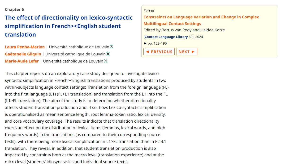 marieaudelefer's tweet photo. 📚Publication alert 📚

🔎Happy to share the publication of our chapter titled "The effect of #directionality on lexico‑syntactic #simplification in French><English student #translation" 

😊This is joint work with Laura Penha-Marion &amp; Gaëtanelle Gilquin @cecl_UCL @UCLouvain_be https://t.co/yZ2nXqhCfz