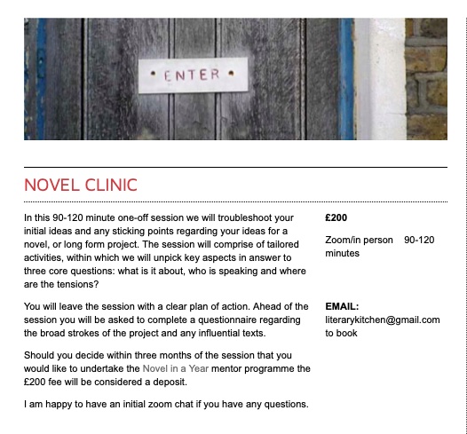 Dr Andrea Mason (@andrea__mason) on Twitter photo 💥 ANNOUNCING: NOVEL CLINIC 💥
Novel Clinic will get you going on a longer project that feels daunting, or help you perform an objective reset if you've started something and got stuck.
Email: literarykitchen@gmail.com for more info and to book
literarykitchen.co.uk/courses/litera… 💥 ANNOUNCING: NOVEL CLINIC 💥
Novel Clinic will get you going on a longer project that feels daunting, or help you perform an objective reset if you've started something and got stuck.
Email: literarykitchen@gmail.com for more info and to book
literarykitchen.co.uk/courses/litera…