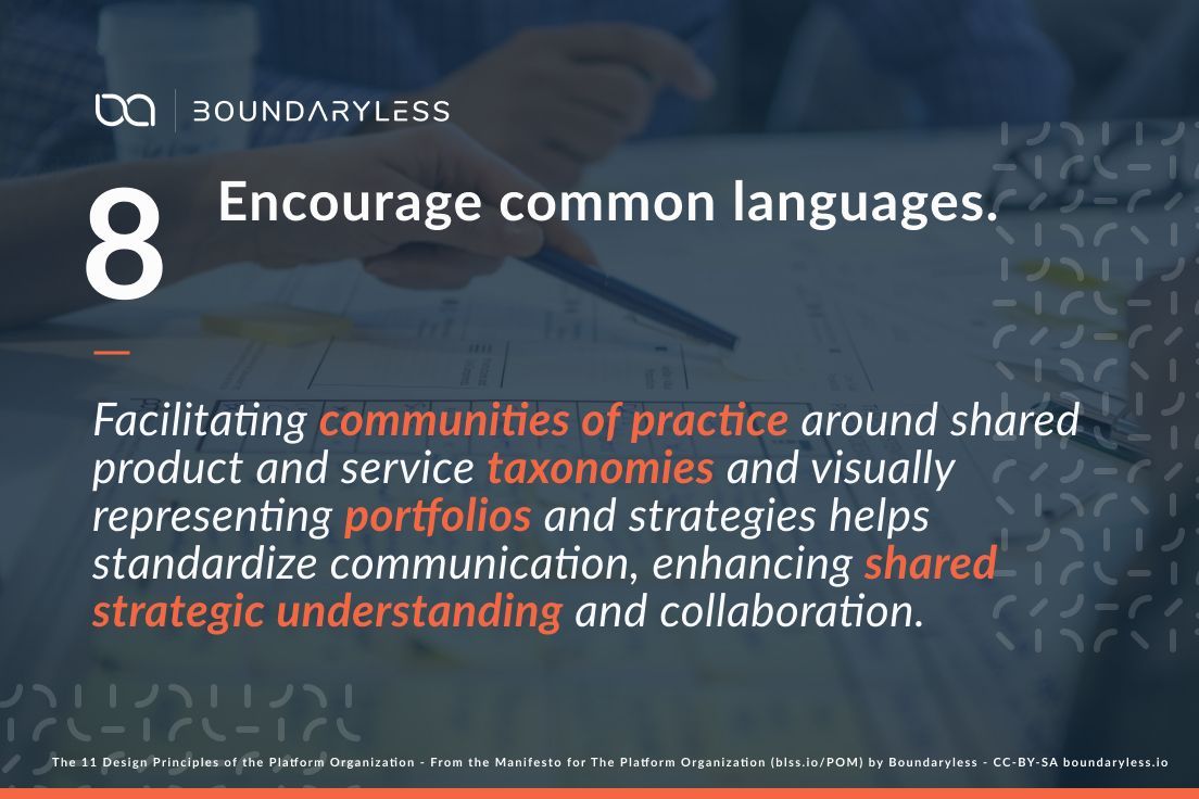 Boundaryless_'s tweet image. Principle #8: Common languages promote better communication and understanding. How does your org ensure this? Effective strategies? #PlatformOrg #Boundaryless buff.ly/4b7BaGJ