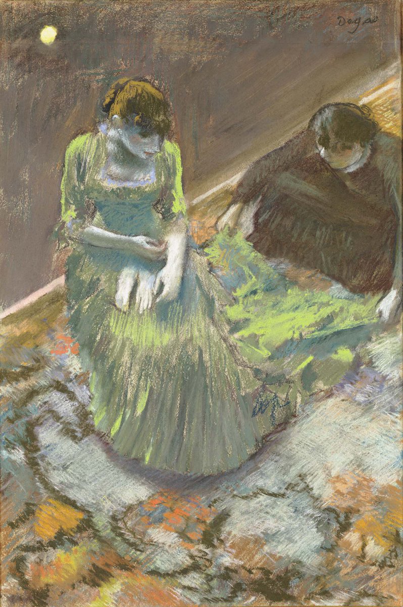 In Before Curtain-Rise, Degas captures a performer adjusting the sleeve of her dress as an assistant straightens her skirt. 

Edgar Degas, Before Curtain Rise, Pastel on paper, c. 1892, @thewadsworth 
#AntiqueOfTheDay