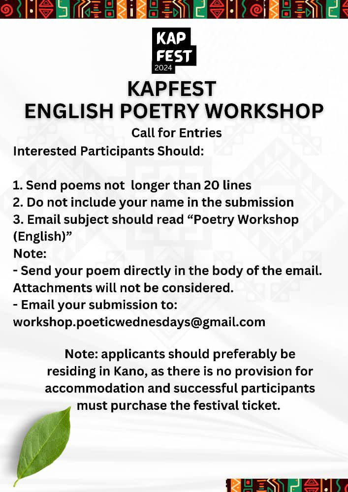 Poeticwednexday's tweet photo. 1. Hausa Poetry Workshop.

2. English Poetry Workshop.

3. Poetry Slam

4. Open Mic

If you’re in Kano on 11, 12, and 13 of July, you should be attending Kano International Poetry Festival.

If any of these 4 is your forte, don’t miss it.

This festival promises to be exciting. https://t.co/8njexjICyE