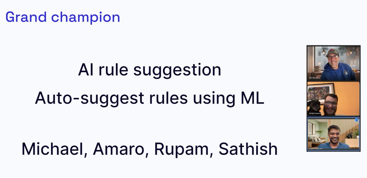 Does your Fraud or Compliance platform suggest rules you can use to catch typologies or patterns? No? 🐟 Join the fraud squad.

This was a hackathon-winning feature we're rolling out to clients. 

The moment our clients crowned Michael, Amaro, Rupam and Satish Grand Champions  👇