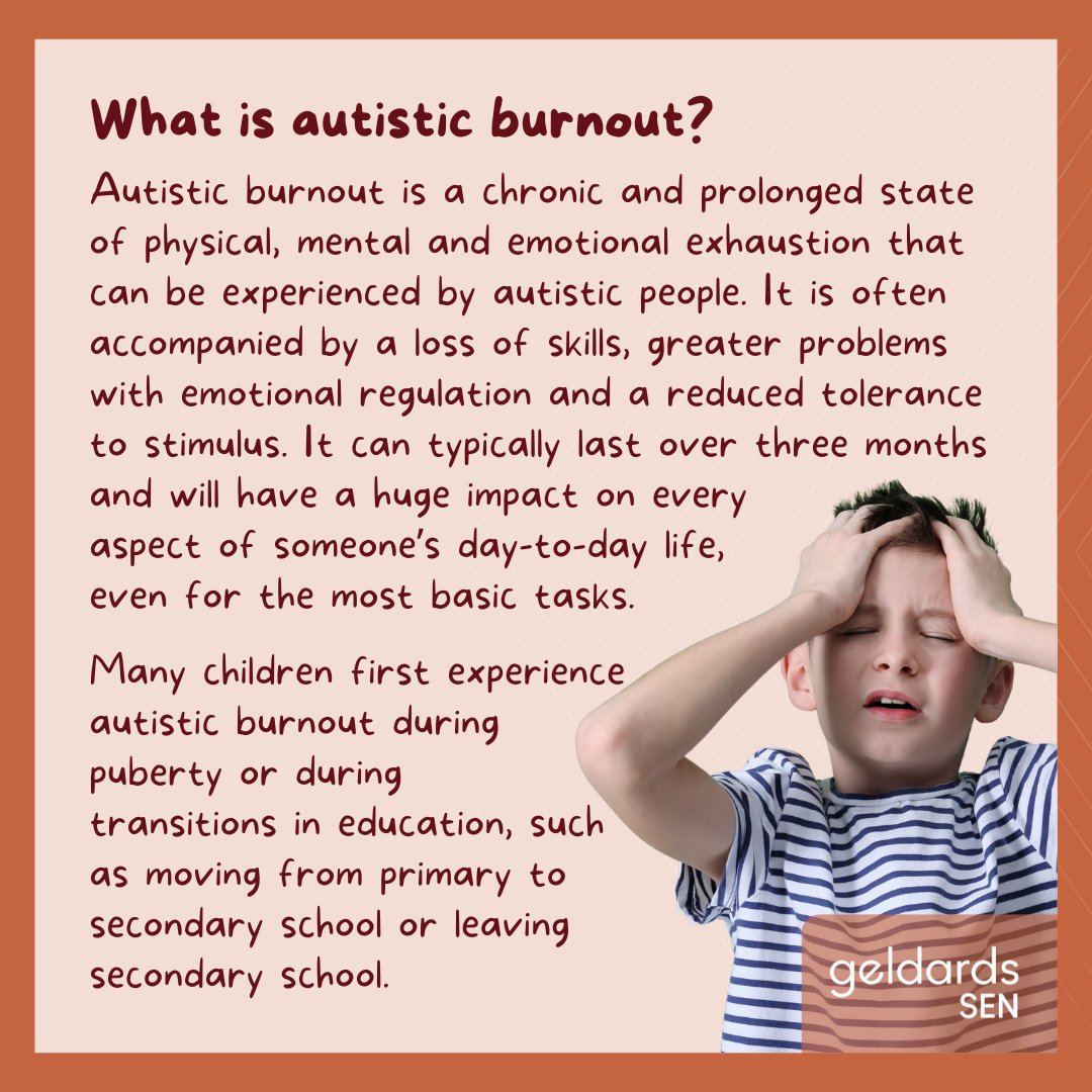 GeldardsSEN's tweet photo. Understanding of autistic people’s experiences is growing every day, and something that is being increasingly spoken about is a distressing state known as ‘autistic burnout’.

#autism #neurodiversity #adhd #burnout #autisticburnout #sen #aln #neurodivergent https://t.co/eauTYAlrJb