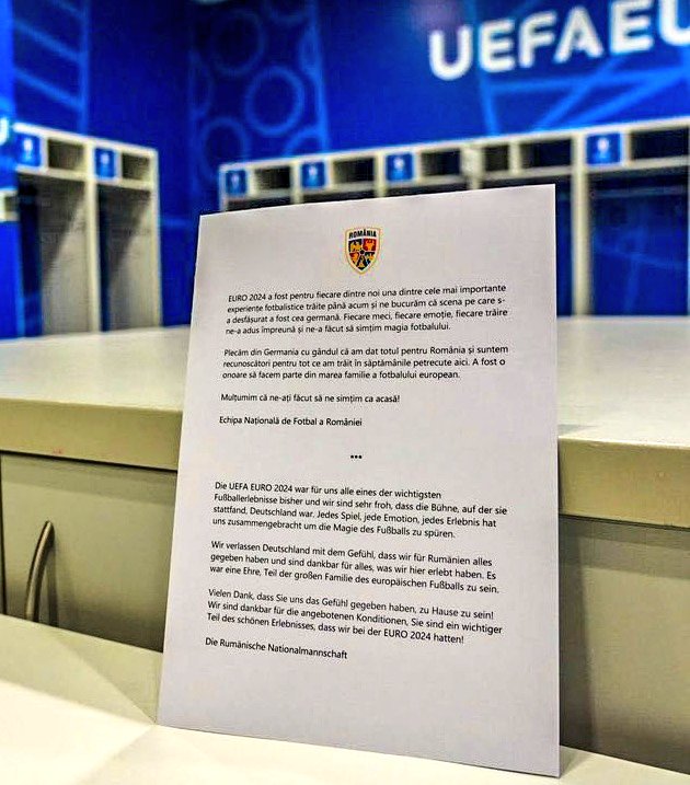 Footballtweet's tweet image. After being knocked out by Netherlands, Romania left their changing room spotless and wrote a thank-you note to Germany for hosting the tournament.

Touch of class. 🇷🇴👏