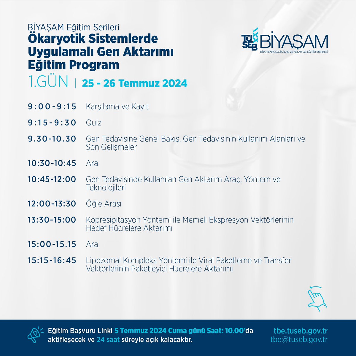tusebgovtr's tweet photo. TÜSEB-Türkiye Biyoteknoloji Enstitüsü tarafından BİYAŞAM Eğitim Serileri kapsamında 25-26 Temmuz 2024 tarihlerinde gerçekleştirilecek olan “Ökaryotik Sistemlerde Uygulamalı Gen Aktarımı Eğitimi”başvuruları başlıyor.

📌Başvuru Linki 5 Temmuz 2024 Cuma günü Saat:10.00’da aktifleşecek ve 24 saat açık kalacaktır.

✅Başvuru için 👉 https://t.co/NUmjc9WHXR