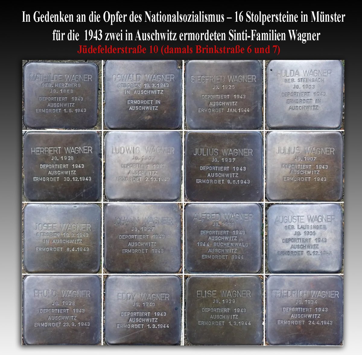 In Gedenken an die Opfer des Nationalsozialismus – 16 #Stolpersteine für die Sinti-Familien Wagner in #Münster  <a href="/vvnbdams/">VVN-BdA Münster</a> <a href="/ms_keinenmeter/">Bündnis "Keinen Meter den Nazis" Münster</a> @promsgegennazis <a href="/dr_druecke/">Dr. Bernd Drücke</a> <a href="/Karottentorte/">Karottentorte</a> @manwink <a href="/GronoJan/">Jan Grono</a> 

muenstertube.wordpress.com/2024/07/03/in-…