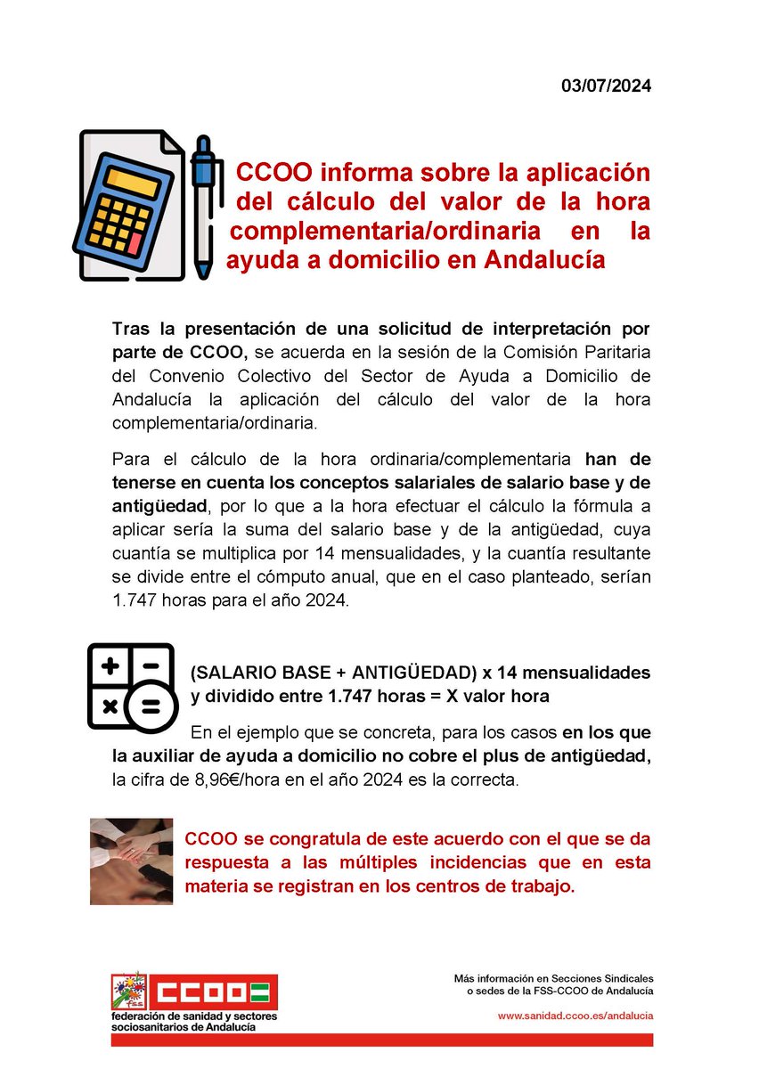 ✍️📌 Desde #CCOO te informamos también sobre la aplicación del cálculo del valor de la hora complementaria/ordinaria en la ayuda a domicilio en #Andalucía 

#CCOOTuSolución