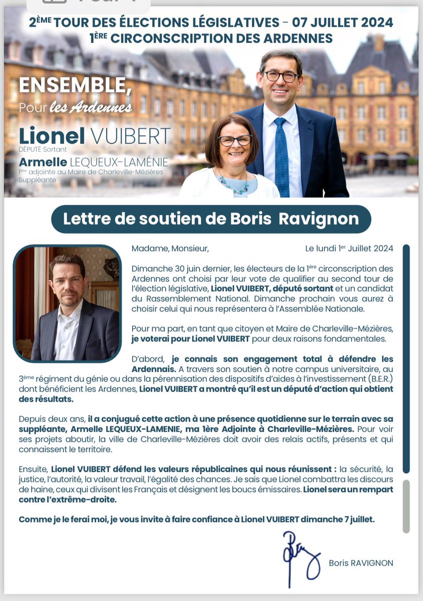 VUIBERT Lionel (@lionelvuibert) on Twitter photo 🗳️🤝 Soutenu par de très nombreux Maires et élus ardennais :
▶️Par <a href="/boris_ravignon/">Boris Ravignon</a> , Maire de <a href="/VilledeCMz/">Ville de Charleville-Mézières</a> qui a souhaité adresser une lettre à ses administrés.
Merci Boris pour ta confiance ! 🗳️🤝 Soutenu par de très nombreux Maires et élus ardennais :
▶️Par <a href="/boris_ravignon/">Boris Ravignon</a> , Maire de <a href="/VilledeCMz/">Ville de Charleville-Mézières</a> qui a souhaité adresser une lettre à ses administrés.
Merci Boris pour ta confiance !