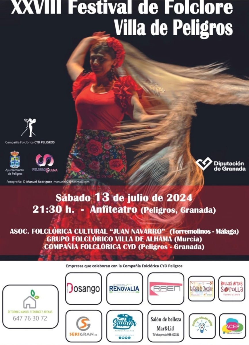 Os esperamos el sábado 13 de julio a las 21:30h en el Anfiteatro de Peligros junto a la Asoc. Folclórica Cultural "Juan Navarro" y el Grupo Folclórico Villa de Alhama.
Queremos agradecer a nuestros patrocinadores y al Ayuntamiento de #Peligros su colaboración.

#Folklore #danza