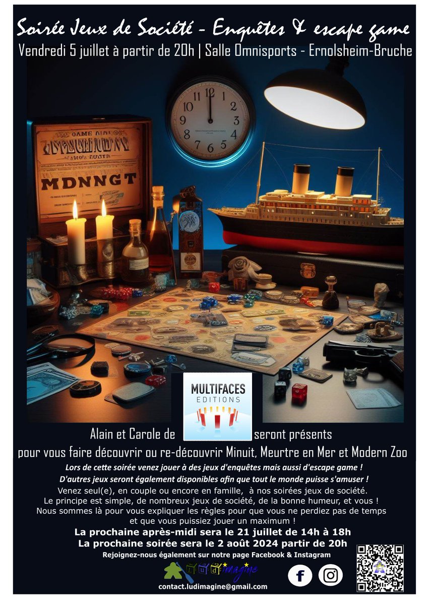 Multifaces_Ed's tweet image. Multifaces Editions propose de vous faire découvrir Minuit, Meurtre en Mer 2de Edition (enquêtes scénarisées) : ven 5 juillet (20h-23h) à Ernolsheim-sur-Bruche (locaux de Ludo&apos;Erno) et dim 7 juillet 2024 (14h-19h) à Strasbourg (locaux de La Sauce aux Jeux). A+ ! #lasauceauxjeux