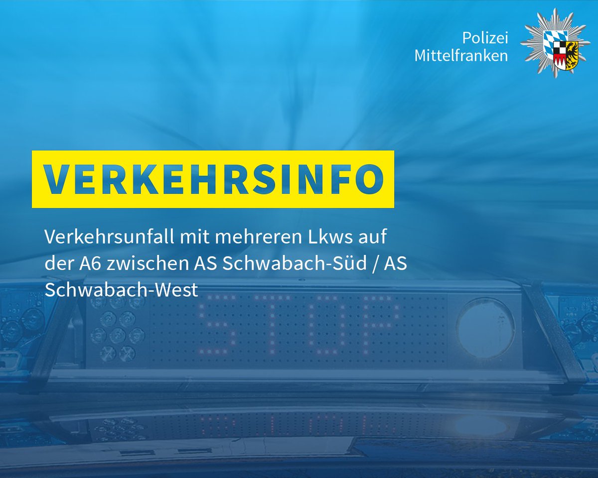 PolizeiMFR's tweet image. Auf der #A6 kam es zwischen den Anschlussstellen Schwabach-Süd und Schwabach-West in Richtung Heilbronn zu einem #Verkehrsunfall zwischen mehreren Lkws. Die Fahrtrichtung Heilbronn ist aktuell komplett #gesperrt. Wir bitten den Bereich weiträumig zu umfahren.