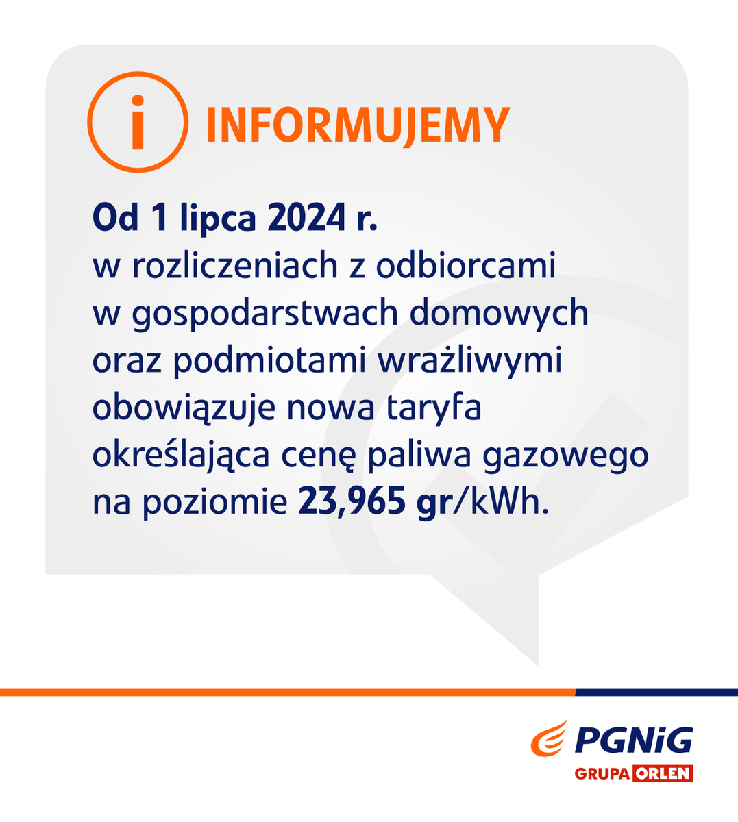 Prezes Urzędu Regulacji Energetyki 27.06.2024 r. zatwierdził nową taryfę PGNiG Obrót Detaliczny. Ustalone w niej ceny będą stosowane od 1 lipca 2024 r. do 30 czerwca 2025 r. w rozliczeniach z odbiorcami w gospodarstwach domowych oraz podmiotami wrażliwymi, takimi jak szpitale,