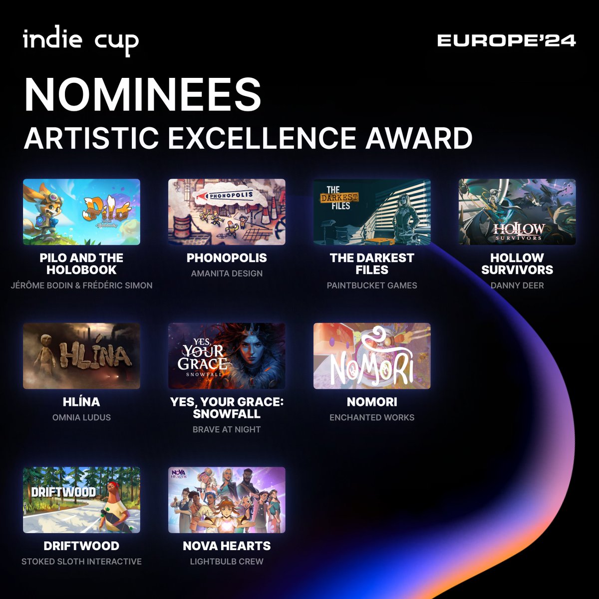 IndieCupHQ's tweet image. These 9 games are nominated for the ARTISTIC EXCELLENCE AWARD at Indie Cup Europe’24, giving us a look at submissions with the highest standard of audio and visual design.
Congratulations to all teams on the list 🎉