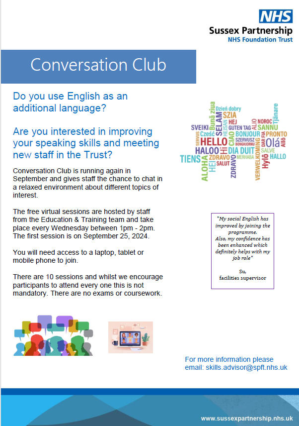 DevelopmentSpft's tweet photo. Come and join us for an hour a week, this is virtual and covers a different topic each time we meet. Especially for you if you use English as an additional language. Try us out? @SpftA @SPFTAdmin @SPFT_FuncSkills https://t.co/6qujkO3g3K
