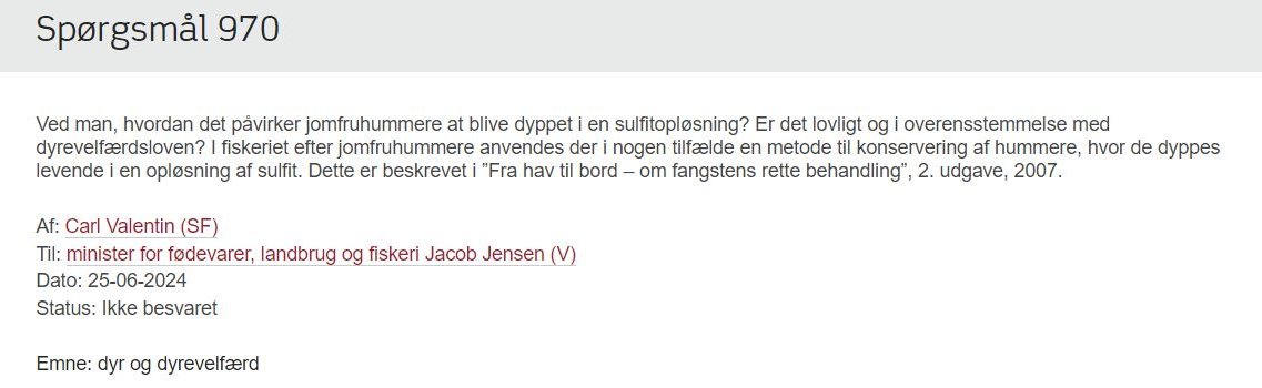 Bundtrawl - sådan behandles jomfruhummere 🦞

Kan det være lovligt, at bade en levende jomfruhummer 10 min i en sulfit-opløsning?

Spørger <a href="/Carl__Valentin/">Carl Valentin</a> Miljø- og Fødevareudvalget. 

#dyrevelfærd #dkhav #dkfisk #dkfood