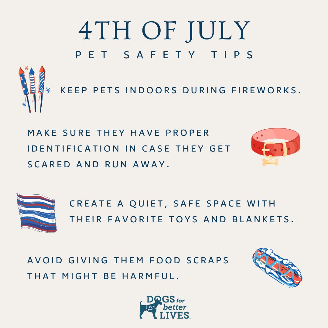 dogsbetterlives's tweet photo. As we celebrate the #4thofJuly tomorrow, there are ways to keep your dog safe &amp; more comfortable during fireworks:
🐾 Keep pets indoors. Give them potty breaks before/after the fireworks
🐾 Create a quiet, safe space inside
🐾 Have them wear their ID tags, with up-to-date info https://t.co/dXUubH18HT