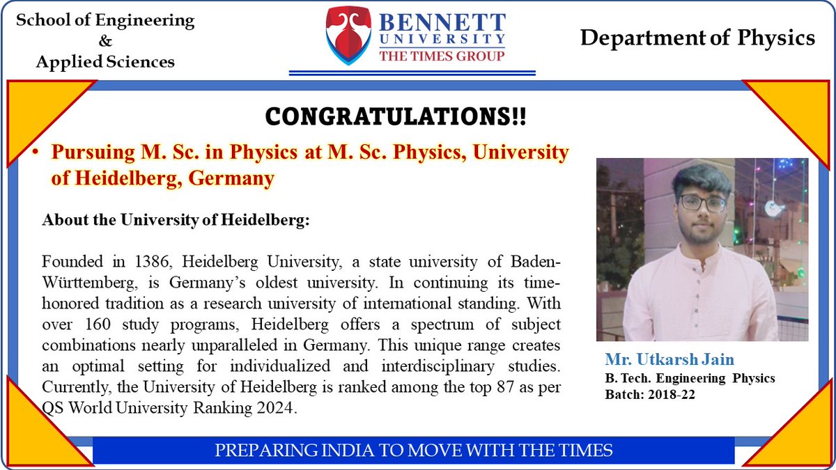 DepartmentofPh7's tweet photo. Today, we are here to acknowledge the achievement of one of our bright students, Utkarsh Jain. Currently, he is pursuing an https://t.co/bo25Dysh4r. in Physics at the University of Heidelberg in Germany. https://t.co/CREiqQxT65