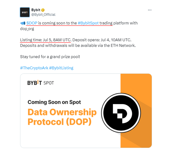 Crypto_Pranjal's tweet photo. Finally! DOP is Getting Listed on Bybit! 🪂

- Listing time: July 5th, 8 AM UTC

We have already claimed the tokens. 

$DOP Contract address: 0x97A9a15168C22B3C137E6381037E1499C8ad0978

You can deposit the $DOP tokens to Bybit from tomorrow (July 4th), 10 AM UTC.