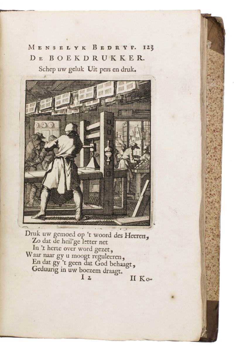 Random highlight from website: attractive set of 11 works by famous Dutch #poet #engraver Jan Luyken, incl, "Spiegel van het menselyk bedryf" (1708), with 100 plates of professions (including several relating to book business).

#bookproduction #rarebooks #bookcase #bookhistory