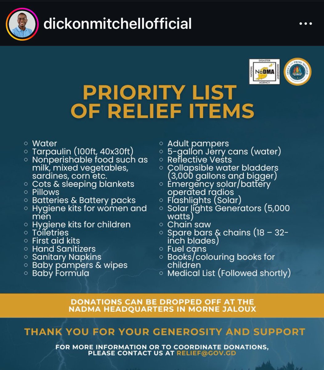 The Prime Minister of Grenada, Carriacou, and Petite Martinique 🇬🇩 has released a list of priority items needed for donations to aid those affected by #HurricaneBeryl.