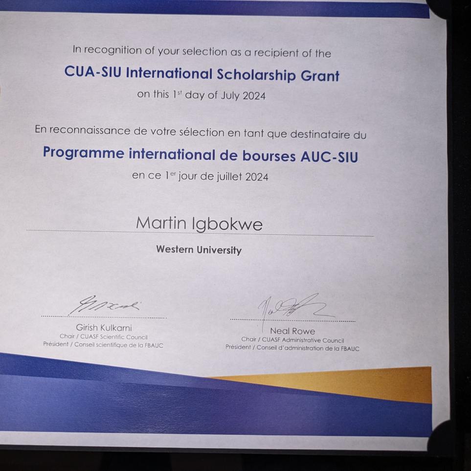 Delighted to announce that I received the 2024/2025 International Urologists Scholarship Grant by the Canadian Urologists Association (CUA) at the just concluded annual conference.

I am indeed humbled!🙏🙏🙏

Thanks to Dr Alp Sener <a href="/AlpSener2/">Alp Sener</a> and Dr Patrick Luke.

#cua2024