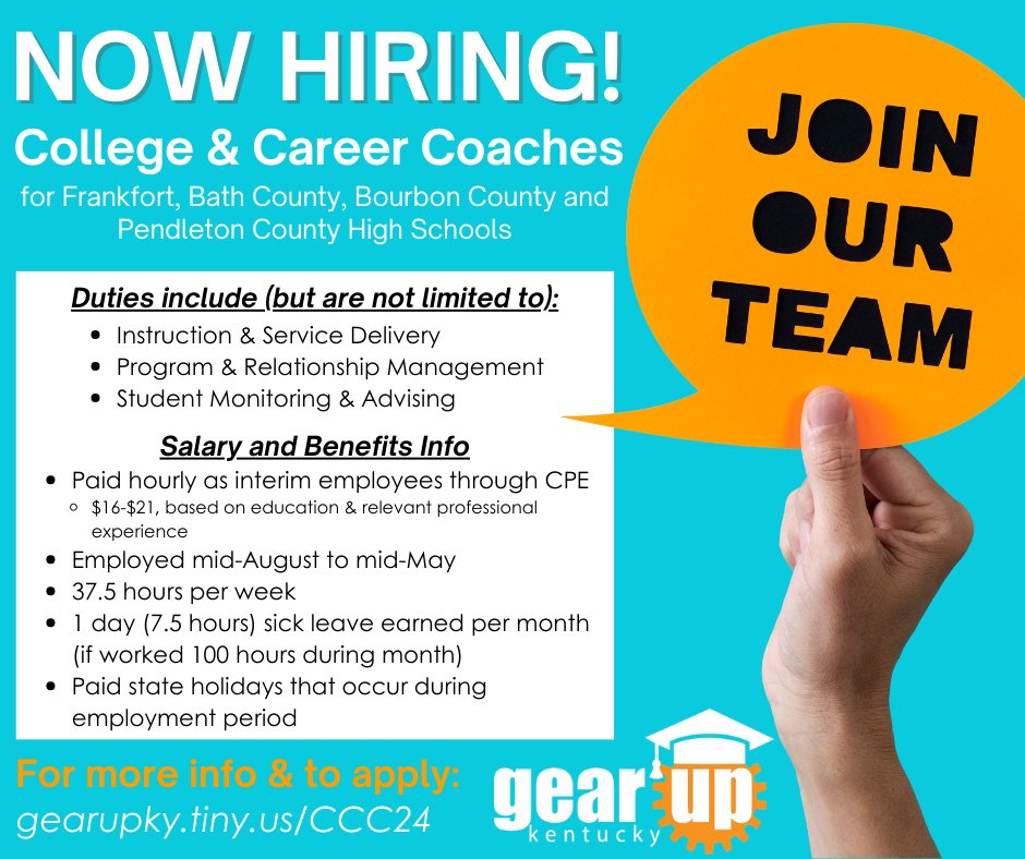 NOW  HIRING! Don't miss this chance to work with an amazing team while making a lasting, positive impact on high school students &amp; their families! For more info: gearupky.tiny.us/CCC24