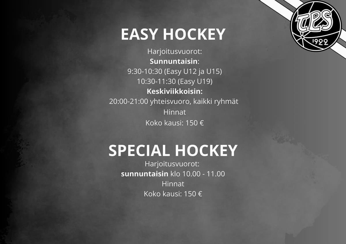 TPS:n Easy Hockeyn ja Special Hockeyn ilmoittautuminen kaudelle 2024-2025 on avattu! 🏒
 
Tervetuloa tutustumaan ryhmiimme maksutta! 🔥 Meillä on myös lainavarusteita uusille pelaajille. 

Lisätiedot harrastevastaavalta: jokke.jokinen@tps.fi

#hctps