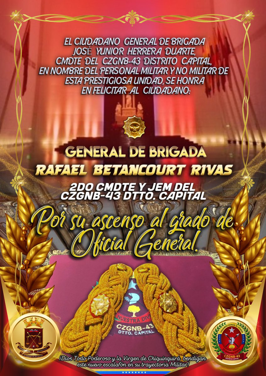 Hoy me honro en Felicitar al Cddno G/B. Betancourt Rivas Rafael, por su ascenso al grado de General de Brigada, quien asume un nuevo compromiso ante la patria y la FANB, a través de su mística, liderazgo y entrega total ¡Venceremos!