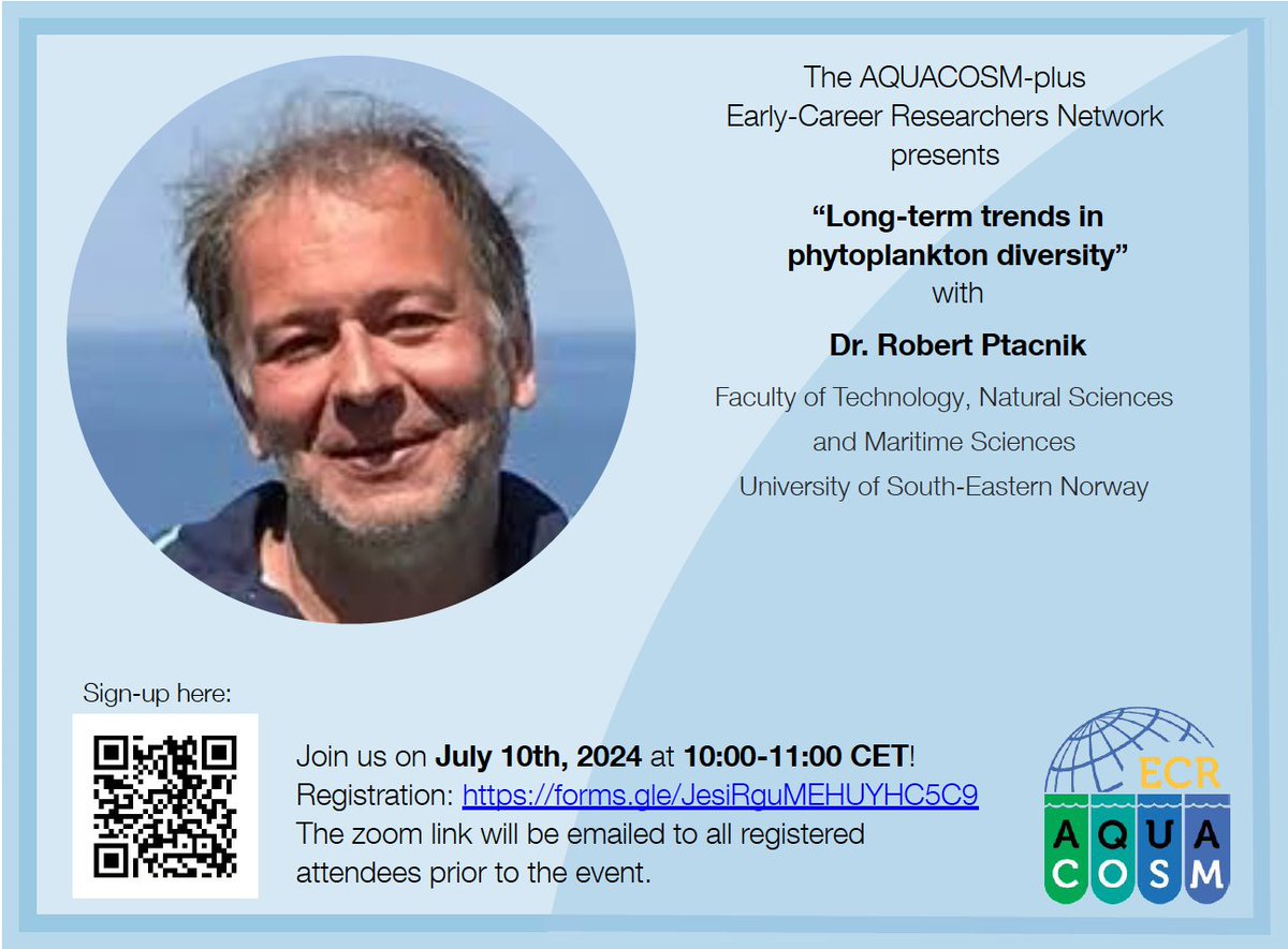 Next week, we will be hosting Dr. Robert Ptacnik to present his work on the long-term trends of phytoplankton diversity in a free online webinar. Come join us! 
📅 July 10th from 10:00-11:00 CET
🗝️ Please register for the event here: forms.gle/JesiRguMEHUYHC…