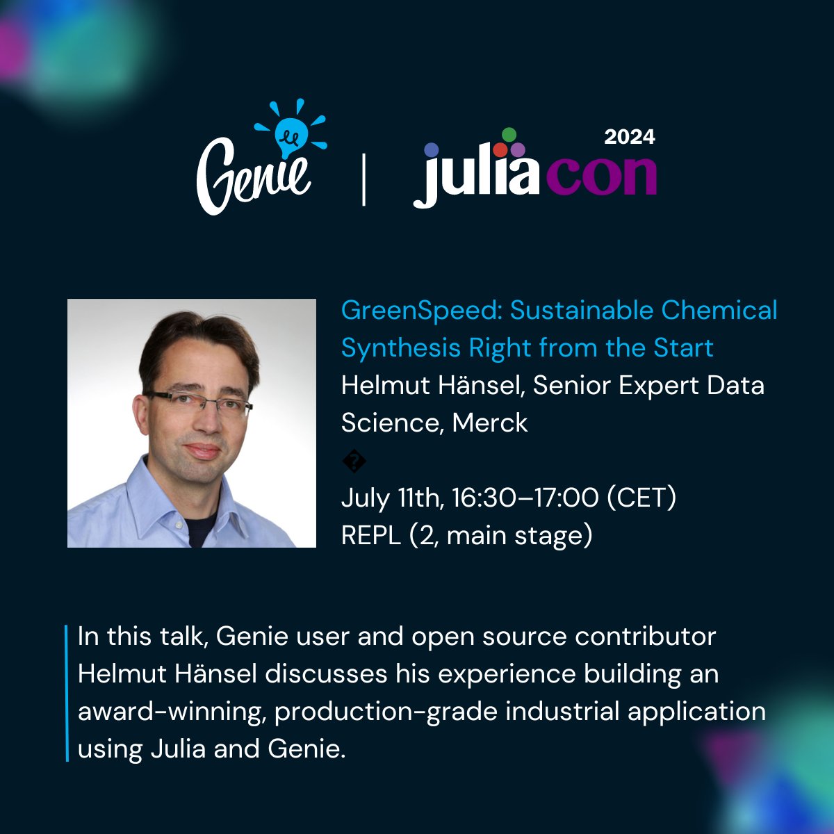 Join us at JuliaCon 2024 to hear from Genie user and open-source contributor Helmut Hänsel as he shares his experience building GreenSpeed, a production-grade industrial application using Julia and Genie.

GreenSpeed is a highly innovative data application that received the