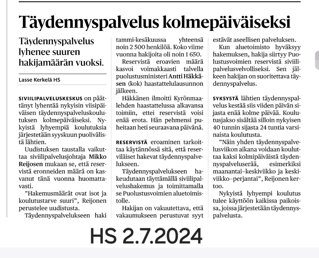 Viidestä päivästä kolme. Siviilipalveluskeskus tehostaa täydennyspalveluksen toimeenpanoa.  Muutos perustuu koulutuksen kokonaisturvallisuuden painottamiseen. Lainmukainen täydennyspalvelusaika säilyy edelleen enintään 40 päivässä. HS kirjoitti asiasta 2.7. #täydennyspalvelus