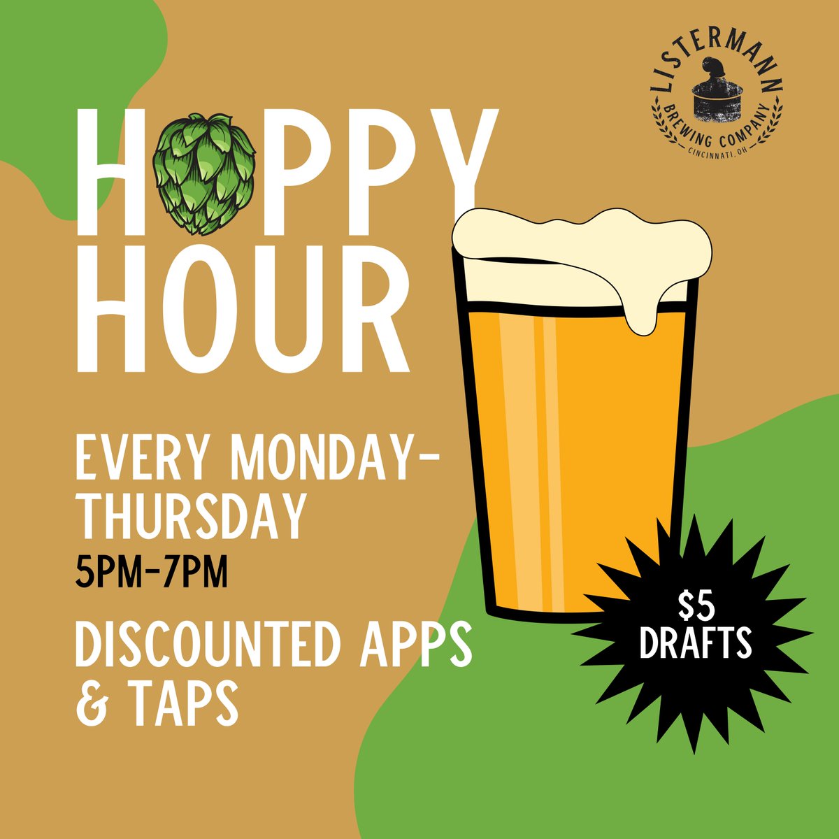 🎉Join us for Hoppy Hour! 🎉 Starting next week, unwind with $5 pints and delicious discounted appetizers every Monday through Thursday from 5pm-7pm. Cheers to good times!

#listermannbrewing #HoppyHour #Cheers #HappyHourVibes #cincybeer #drinklocal