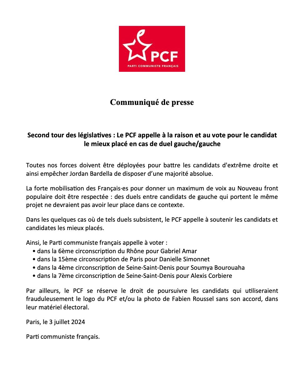 Fabien_Roussel's tweet photo. C'est très clair.

Au second tour des législatives, le PCF appelle à la raison et au vote pour le candidat le mieux placé en cas de duel gauche/gauche. https://t.co/SANqy0TE1Y