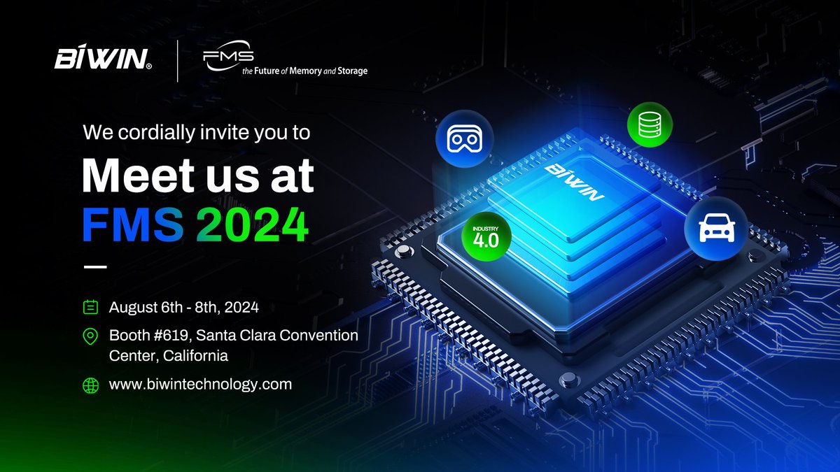 BIWIN_News's tweet image. Ready to explore the future of memory and storage for Industry 4.0, automotive, VR, and smart devices? Join BIWIN at FMS 2024 (Booth #619) to discover our latest innovations and discuss your project needs. #FMS2024 #BIWIN #EmbeddedMemory #StorageSolutions