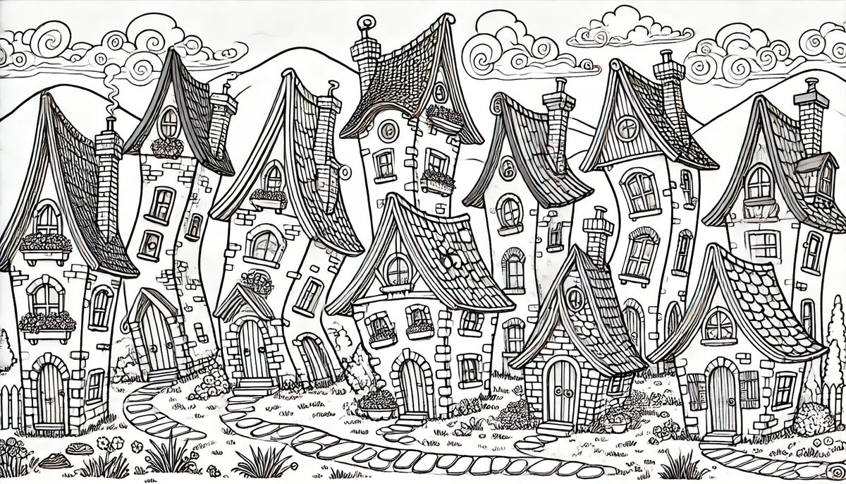 The_Modern_EA's tweet image. I created a coloring page of whimsical houses along a pathway. Send me a DM if you want a copy for yourself! #coloringbook  #whimsicalhouses #coloringpage
