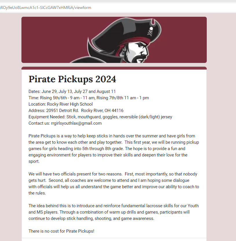 Pirate Pickups for Girls Grades 5-8

Great opportunity to keep sticks in hands and make new friends!   

It's close and its FREE!!  No commitments!