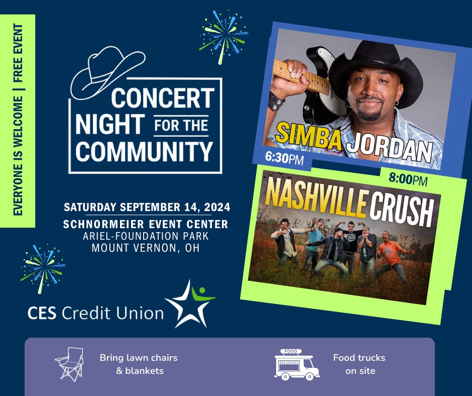 CESCreditUnion's tweet photo. MARK YOUR CALENDARS! 🗓 Join us for our annual Concert Night for the Community featuring the Simba Jordan Band and Nashville Crush on Saturday, September 14, 2024. 😀
Learn more about the event and the performers on our website at https://t.co/sGy4XsUXdv. 🎸 https://t.co/hdddGoiiVt