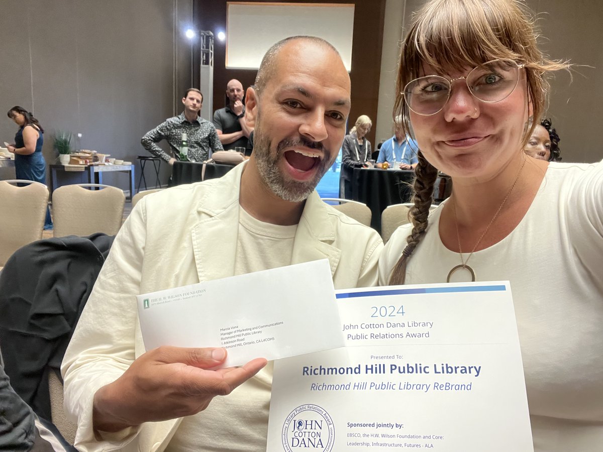 RichmondHillPL's tweet photo. 🎉 Members of our Marketing team accepted the John Cotton Dana Award for our innovative rebranding campaign at #ALAAC24! Honoured to be among 8 libraries selected nationwide. Read more: https://t.co/lltUksCdyu @underlineinc @ALALibrary @EBSCO @HWWilsoninPrint #JCDAwards #ALACore https://t.co/VGTUTBaKSk
