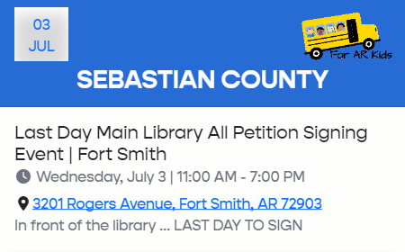 ForARKids's tweet photo. FINAL PUSH TO THE FINISH LINE! #AREducationalRightsAmendment signing locations in Fort Smith Wednesday:
-Main Library, 3201 Rogers Ave., 11 a.m.-7 p.m.
-Ft. Smith Education Association HQ, 2801 Old Greenwood Rd. Suite 8C, 4-6 p.m.
#ForARKids #Arkansas #arpx #education
