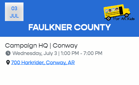 ForARKids's tweet photo. FINAL PUSH TO THE FINISH LINE! #AREducationalRightsAmendment signing locations across #Arkansas Wednesday, including:
-Conway, Campaign HQ, 700 Harkrider St., 1-7 p.m.
-Hot Springs, Garland Co. Library, 10 a.m.-1 p.m.
-Searcy, Make Do, 118 N. Spruce St., Noon-3 p.m.
#ForARKids #arpx #education