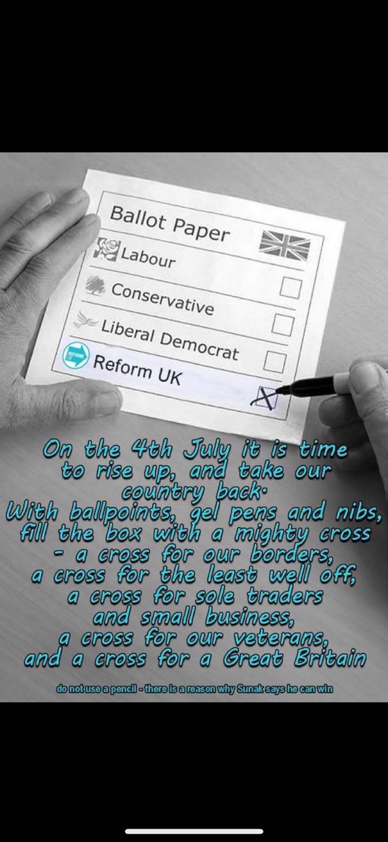 JonHearnshaw's tweet photo. Tomorrow we have the chance to send a message that we want change, a better future for our children and a country that is proud of its traditions and values. Tomorrow get out and vote for @reformparty_uk and make sure you take a pen with you #votereform_uk #VoteAgainstLabour https://t.co/vXttuy8zPf