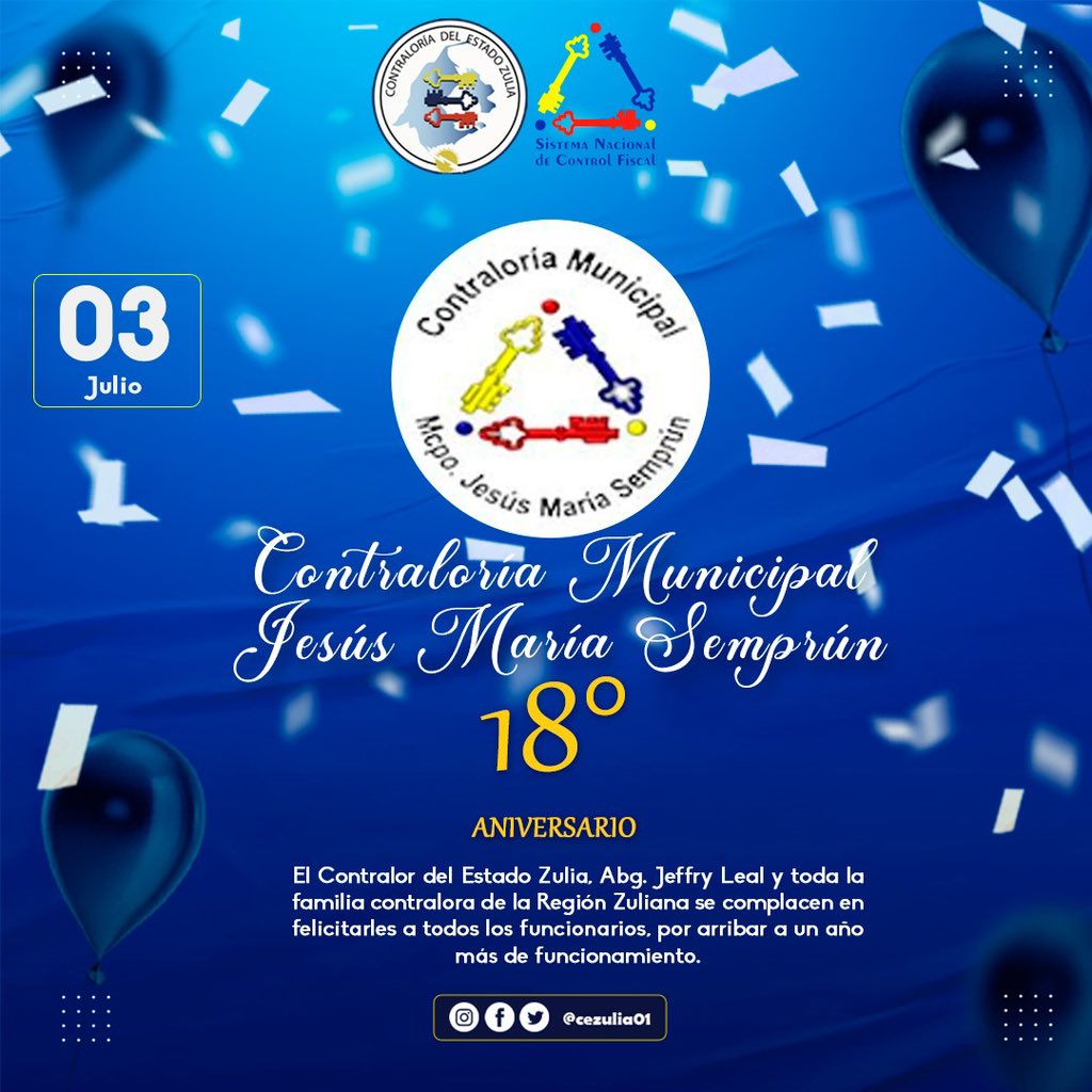 El Contralor del Estado Zulia, Abg. Jeffry Leal y toda la familia contralora se complacen en felicitar a la Contraloría del Municipio Jesús María Semprun y a todos sus funcionarios por arribar a un año más de funcionamiento.

¡Muchas felicidades!

#CGR #SNCF #CEZULIA #Aniversario