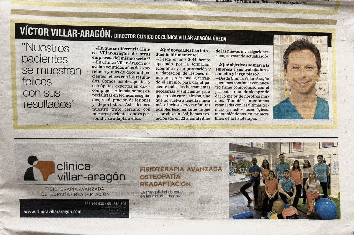 🗞️ Este domingo en <a href="/DiarioJAENes/">Diario JAÉN</a> en el especial con motivo del aniversario de la declaración de ciudades patrimonio de la humanidad de Úbeda y Baeza. Clínica Villar-Aragón #fisioterapiaAvanzada 22 años de experiencia, más de 12.000 pacientes felices con los resultados 🚀.