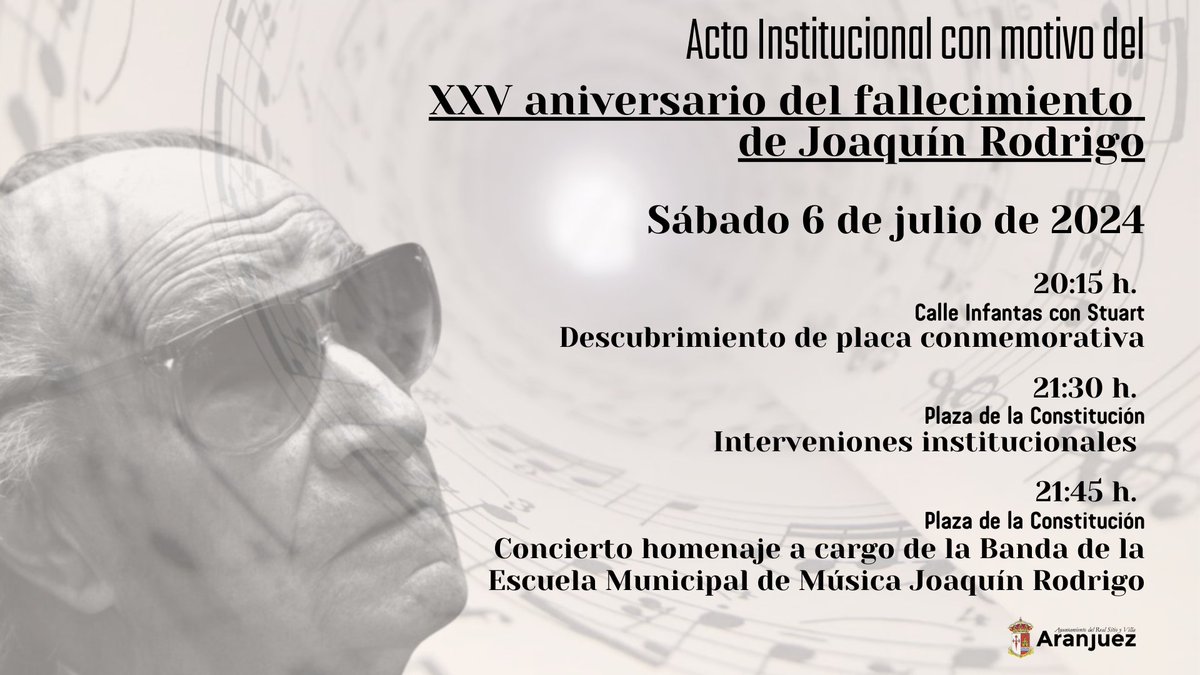 Heraldo de Aranjuez 🗞 (@heraldoaranjuez) on Twitter photo El Ayuntamiento programa diferentes actos en conmemoración al XXV Aniversario del fallecimiento del Maestro Rodrigo
heraldoaranjuez.blogspot.com/2024/07/el-ayu…
<a href="/eJoaquinRodrigo/">Joaquín Rodrigo</a> <a href="/Ayto_Aranjuez/">Ayto. Aranjuez</a> El Ayuntamiento programa diferentes actos en conmemoración al XXV Aniversario del fallecimiento del Maestro Rodrigo
heraldoaranjuez.blogspot.com/2024/07/el-ayu…
<a href="/eJoaquinRodrigo/">Joaquín Rodrigo</a> <a href="/Ayto_Aranjuez/">Ayto. Aranjuez</a>
