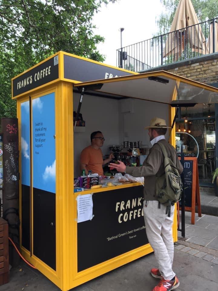 This is Frank and he has had a coffee stand at the top of the steps at Bethnal Green tube for as long as I can remember. 

When the new restaurant/coffee shop next door opened along with another high street outlet opening across the street, Frank suddenly found that his license