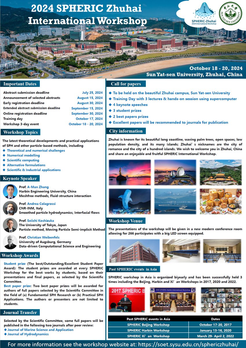PengnanSun's tweet photo. Welcome to 2024 SPHERIC Zhuhai International Workshop. 
The abstract submission deadline is July 25, 2024. 
See more at: https://t.co/ryJLCY1eRA https://t.co/JgpDmnAz14