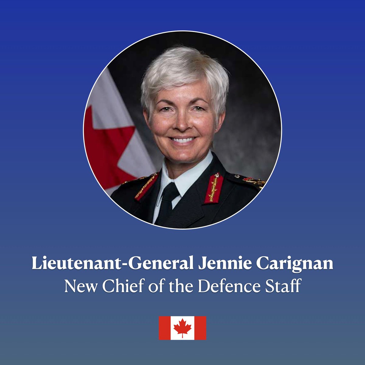 Today, Prime Minister <a href="/JustinTrudeau/">Justin Trudeau</a> announced the appointment of Lieutenant-General Jennie Carignan as the new Chief of the Defence Staff.

Lieutenant-General Carignan has served Canada with great distinction, and the <a href="/CanadianForces/">Canadian Armed Forces</a> will be well-served by her leadership.