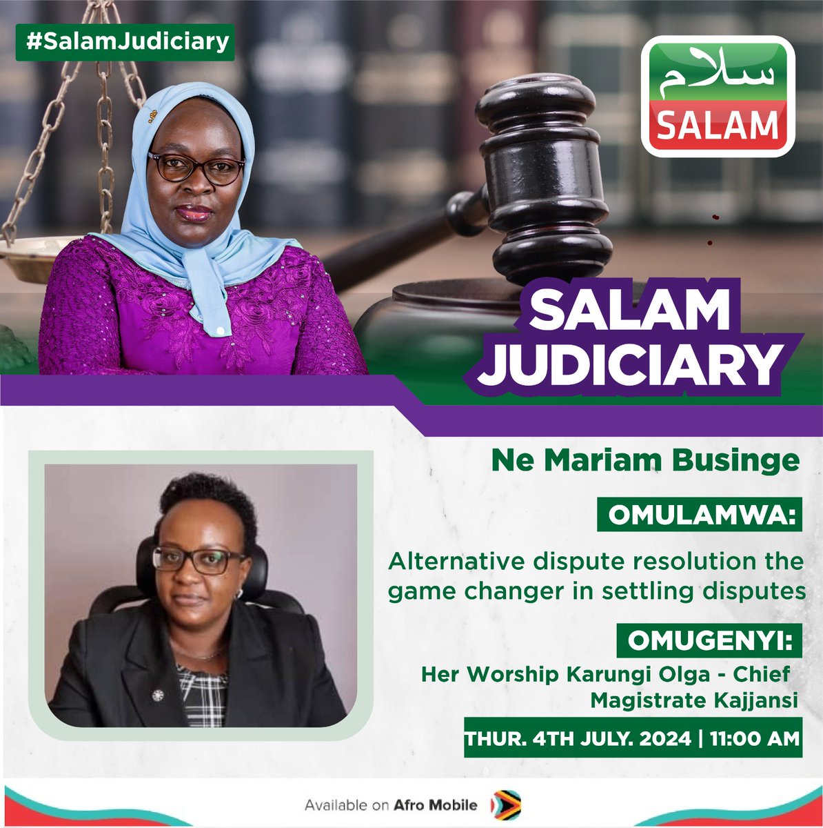 Tomorrow at 11 am, don't miss the #SalamJudiciary show with <a href="/CynthiaBeckie/">Mariam Businge</a> &amp; His Worship Kakooza Elias, Chief Magistrate of Nakawa, &amp; Her Worship Karungi Olga, Chief Magistrate of Kajjansi, on how alternative dispute resolution is transforming the way we settle disputes.