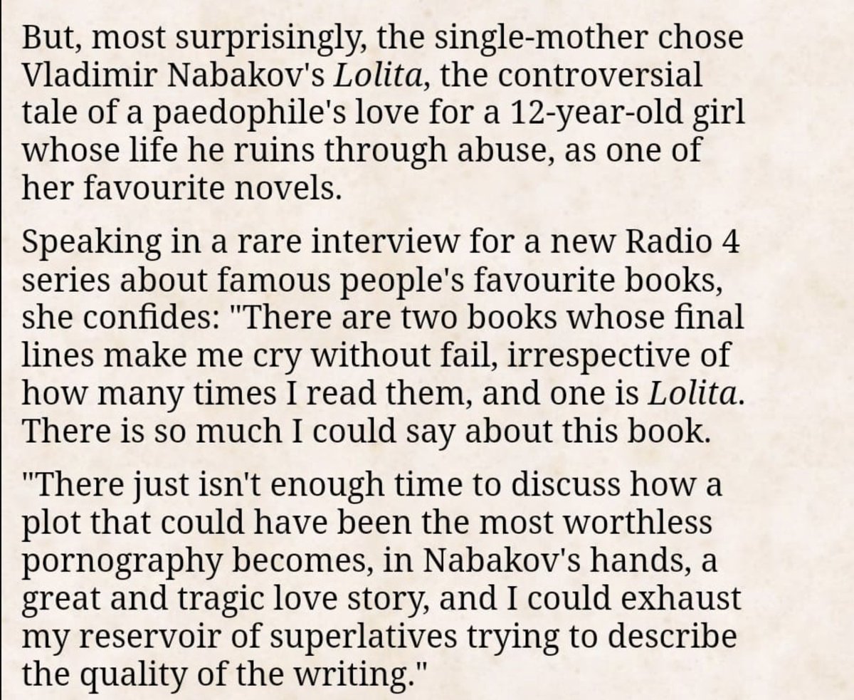 JK Rowling, who often tries to defend her abusive behaviour and bigotry as being about protecting girls, has described the plot of Lolita - where a man kidnaps, grooms, and rapes a 12yo girl - as a "tragic love story"

Almost as literarily ignorant as it is morally repulsive.