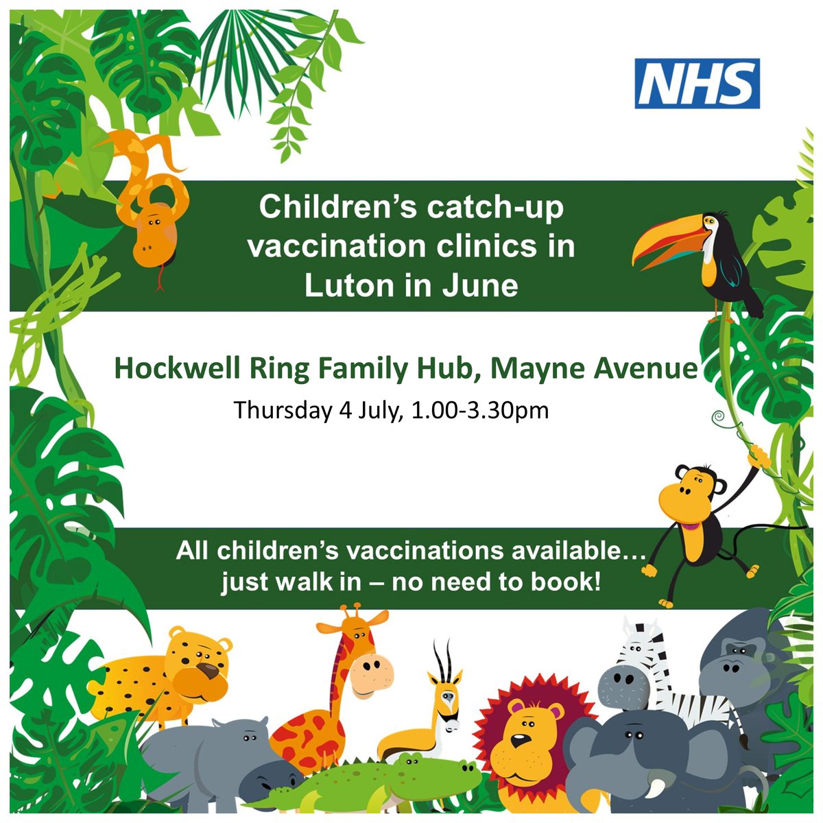 Reminder!
 Has your child missed out on their vaccinations?

 There are free catch-up vaccination clinics this week for children under 5 years.

 4 July | 1-3.30pm | Hockwell Ring Family Hub | Mayne Avenue LU4 9LB

Just walk in - no need to book.